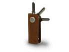 Side view of Lusso Vintage Key Holder in Brushed Cognac with with a key holder ring and 3 keys.