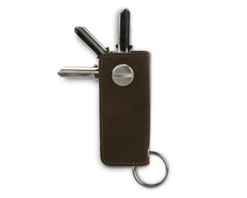 Back view of Lusso Key Holder in Java Brown with with a key holder ring and 3 keys.
