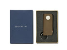 Front view of the Lusso Key Holder in Java Brown in the box with the brand name Garzini.