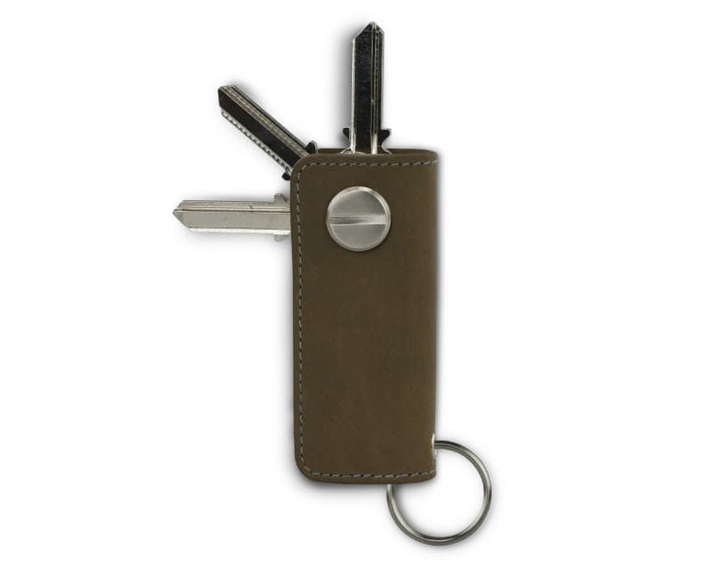 Back view of Lusso Key Holder in Metal Grey with with a key holder ring and 3 keys.