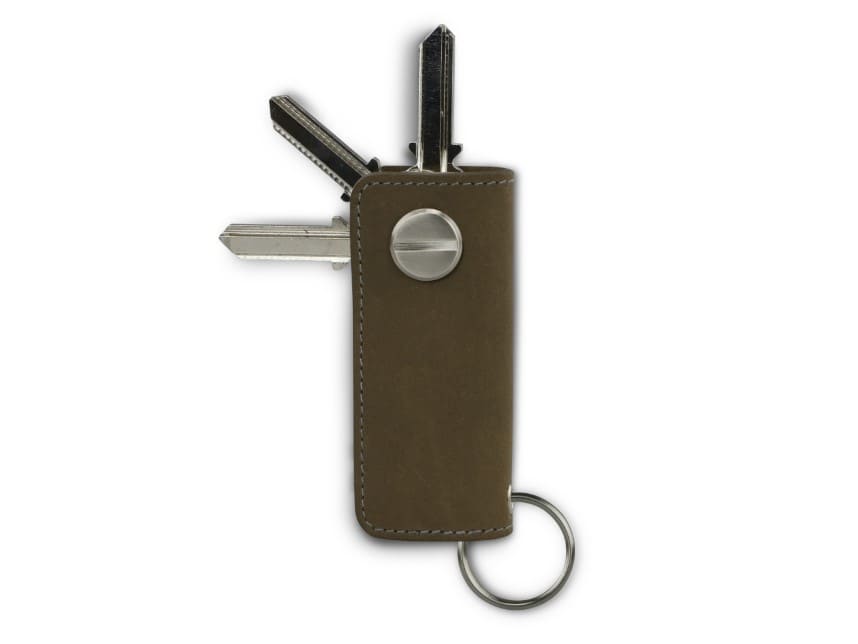 Back view of Lusso Key Holder in Metal Grey with with a key holder ring and 3 keys.