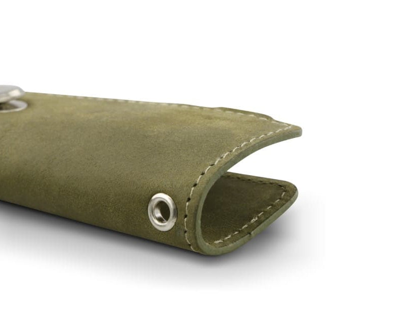Close up view of the bottom side in Olive Green with a key holder hole for a key holder ring.