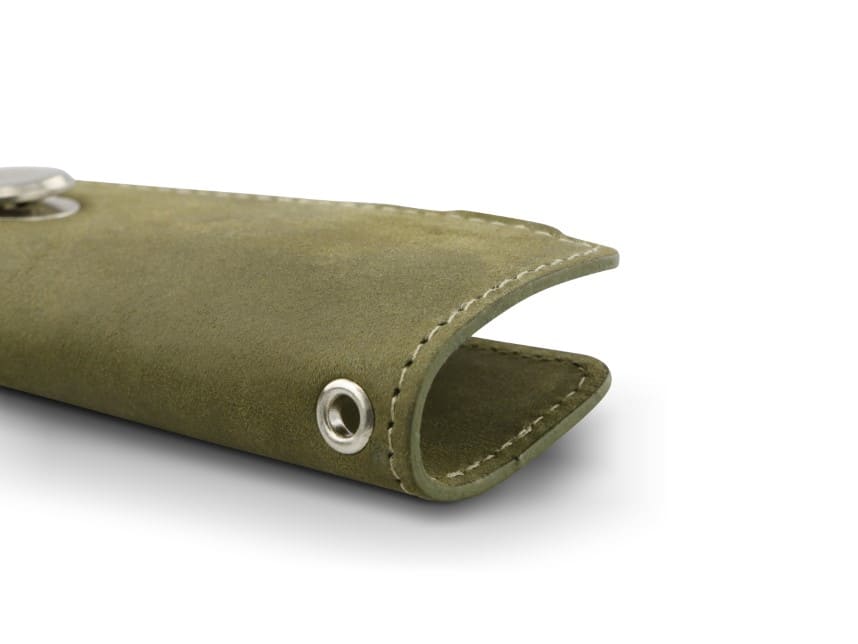 Close up view of the bottom side in Olive Green with a key holder hole for a key holder ring.