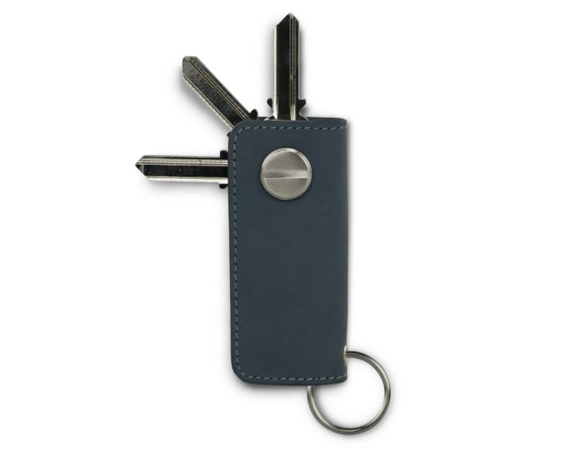 Back view of Lusso Key Holder in Sapphire Blue with with a key holder ring and 3 keys.