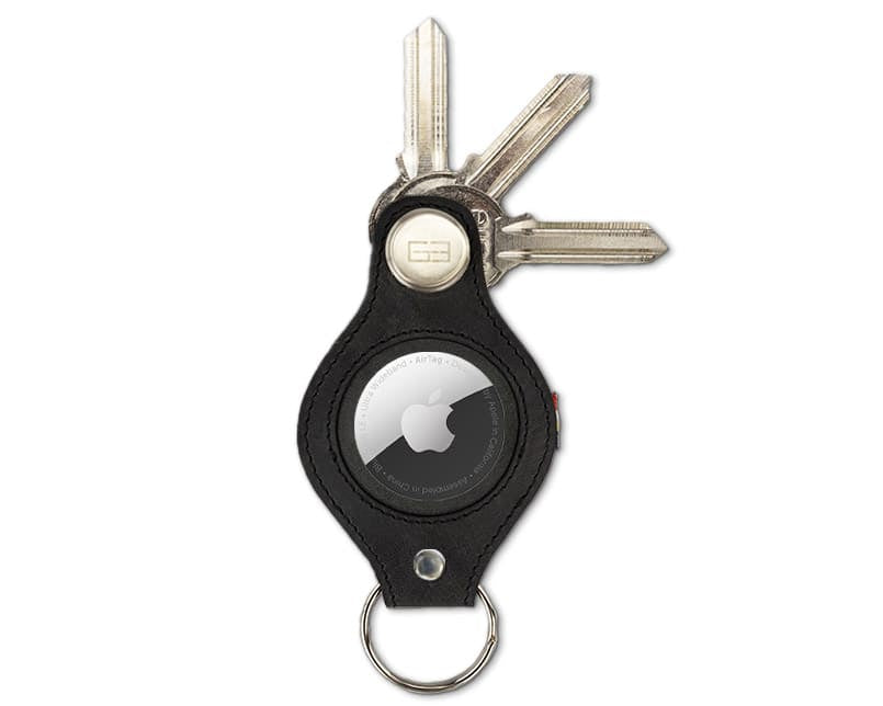Front view of Lusso AirTag Key Holder in Brushed Black with a key holder ring and 3 keys.