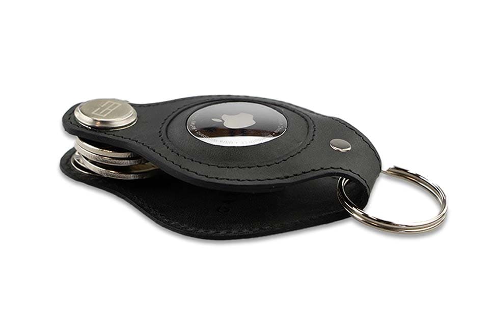 Side view of Lusso AirTag Key Holder in Brushed Black with a key holder ring.