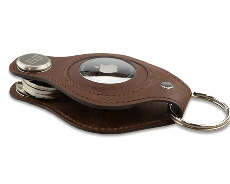 Side view of Lusso AirTag Key Holder in Brushed Brown with a key holder ring.