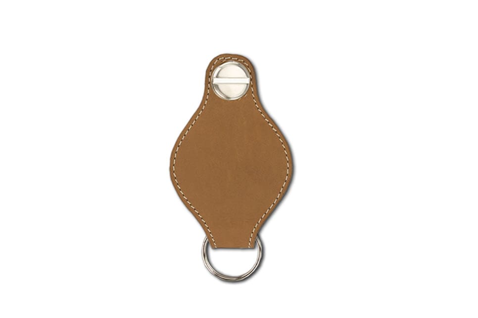 Back view of Lusso AirTag Key Holder in Camel Brown with a key holder ring.