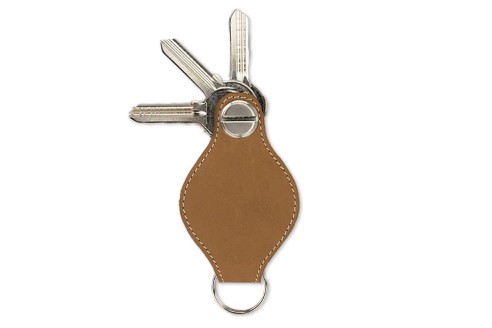 Back view of Lusso AirTag Key Holder in Camel Brown with a key holder ring and 3 keys.