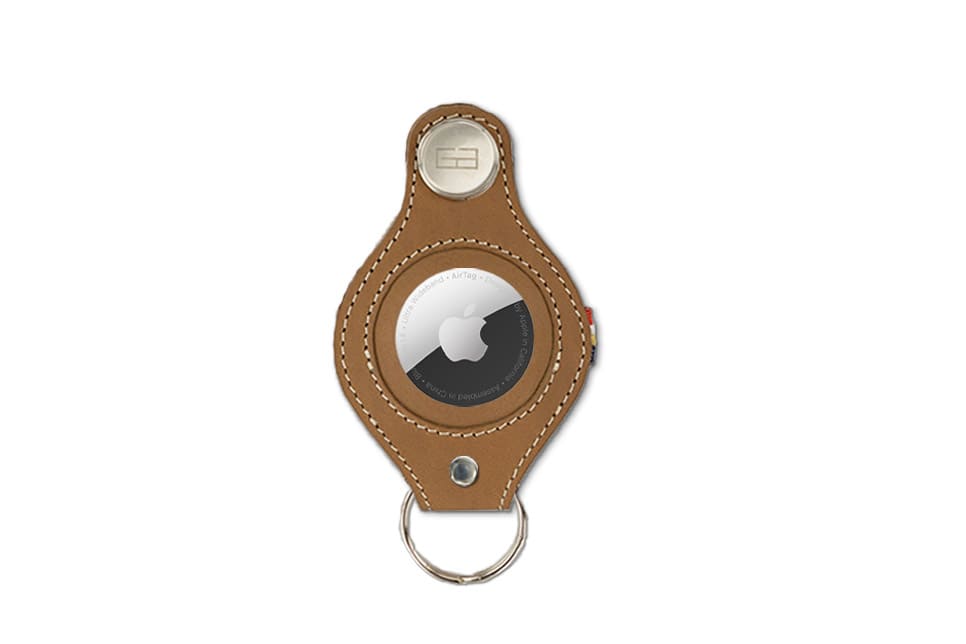 Front view of Lusso AirTag Key Holder in Camel Brown with a key holder ring.