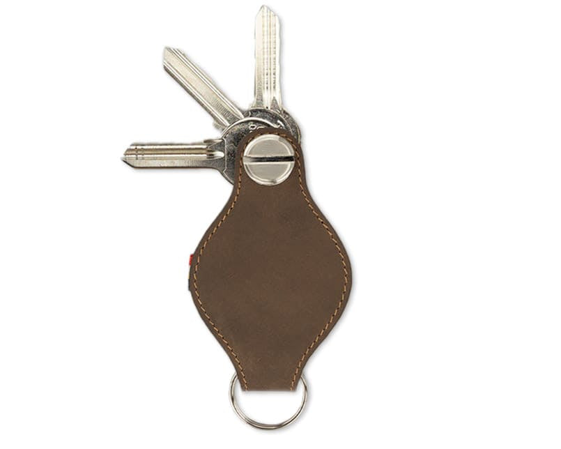 Back view of Lusso AirTag Key Holder in Java Brown with a key holder ring and 3 keys.