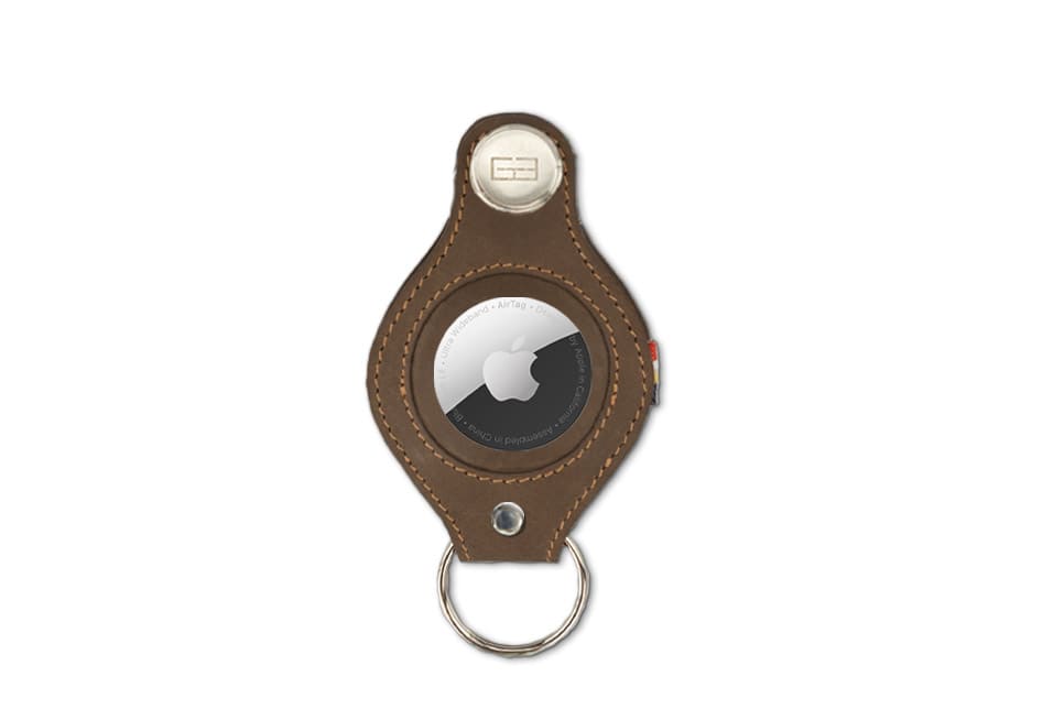 Front view of Lusso AirTag Key Holder in Java Brown with a key holder ring.