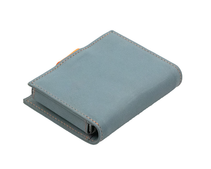 Back view of Garzini Metal Wallet in blue leather with orange stitching, showcasing a smooth finish