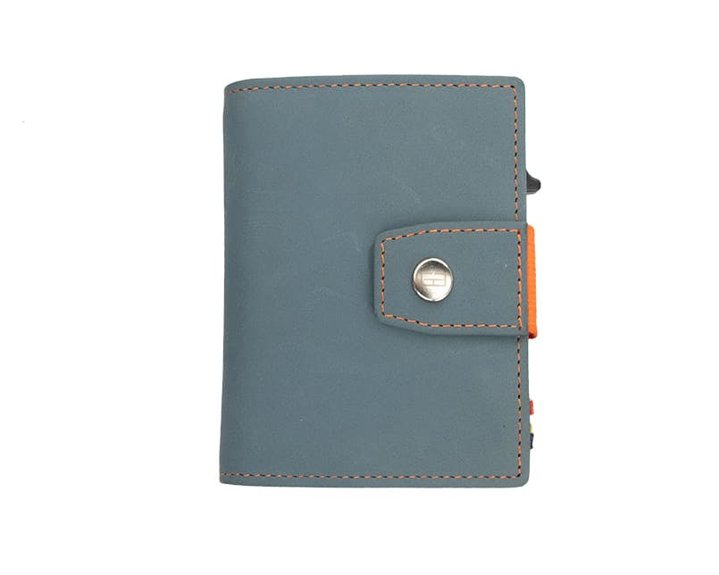 Closed Garzini Metal Wallet in blue leather with orange strap and snap button, minimalist design with push button