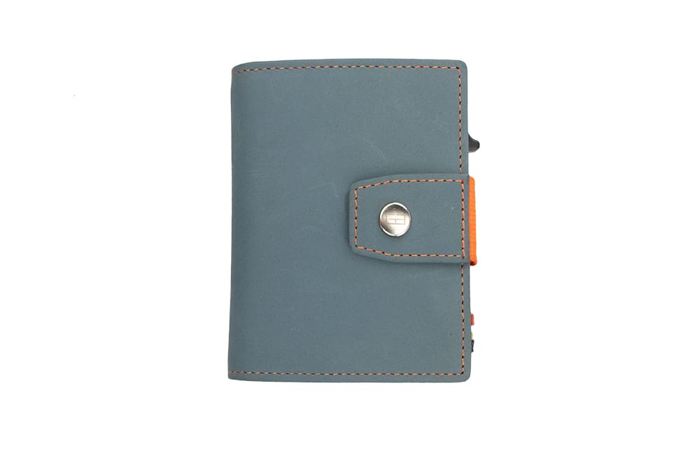 Closed Garzini Metal Wallet in blue leather with orange strap and snap button, minimalist design with push button
