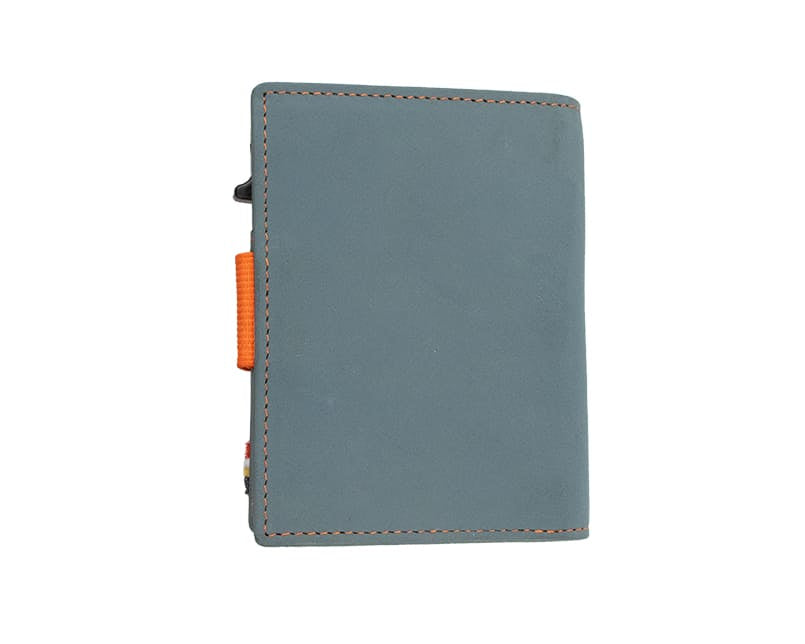 Back view of closed Garzini Metal Wallet in blue leather, with push button.
