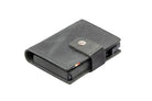 Closed Garzini Metal Wallet in brushed black leather with push button, viewed from an angle