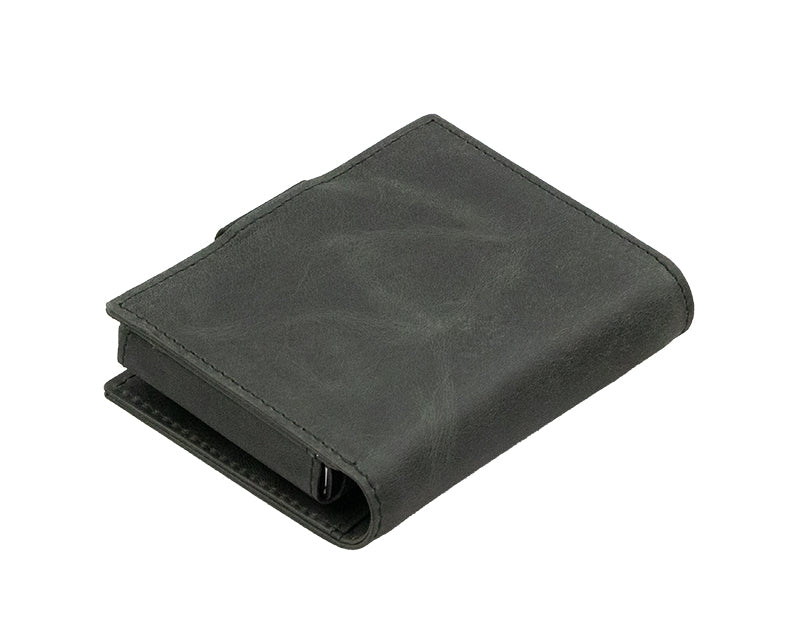 Back view of Garzini Metal Wallet in brushed black leather, showcasing a smooth finish