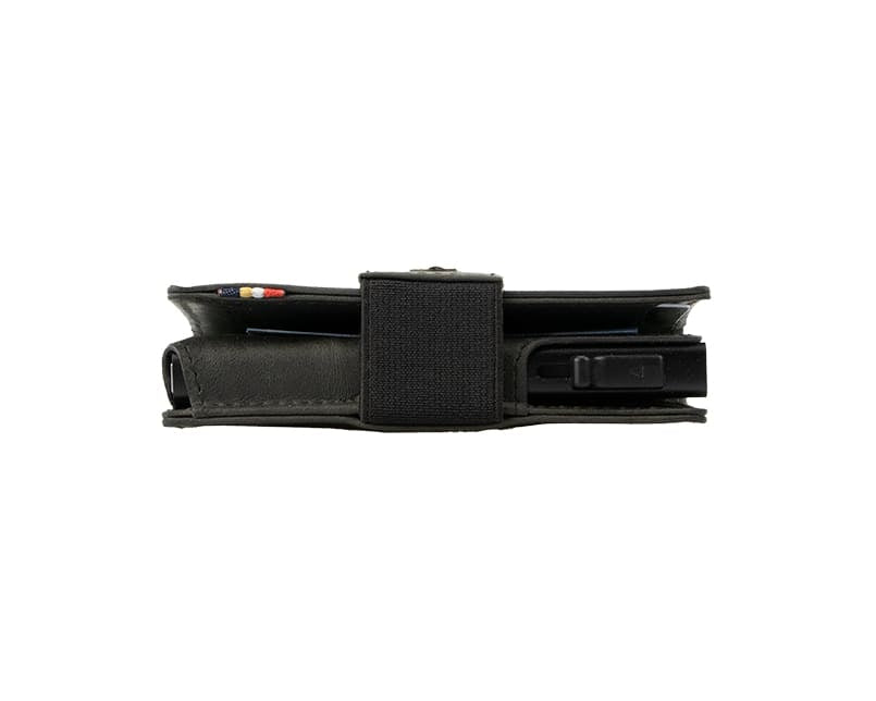 Side view of slim Garzini Metal Wallet in brushed black leather