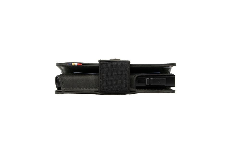 Side view of slim Garzini Metal Wallet in brushed black leather