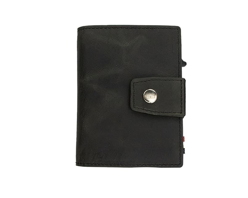 Closed Front Garzini Metal Wallet in brushed black leather with push button, minimalist design