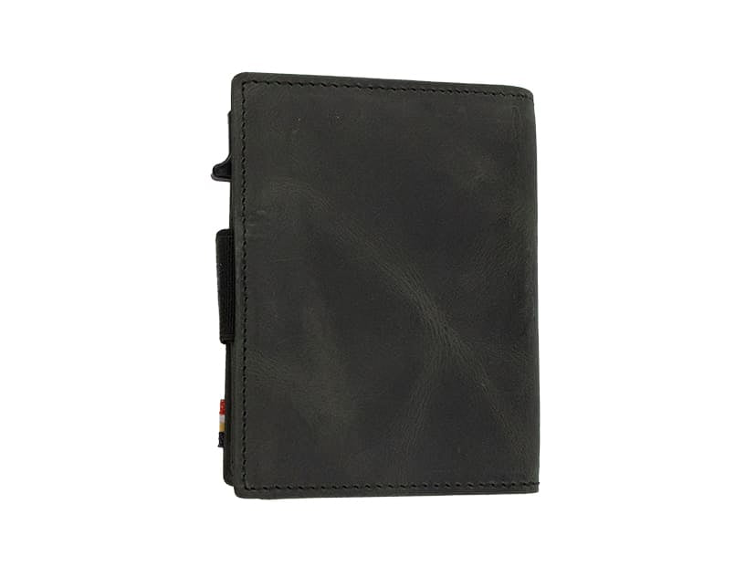 Back view of closed Garzini Metal Wallet in brushed black leather, with push button
