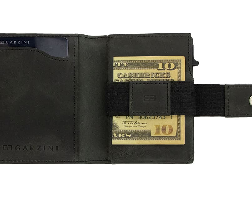 Open Garzini Metal Wallet in brushed black leather, displaying card and cash slots