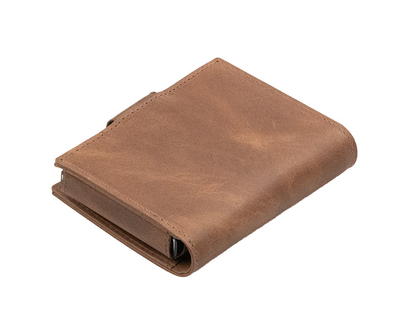Garzini Metal Wallet in Brushed Brown, showing the backside with detailed stitching.