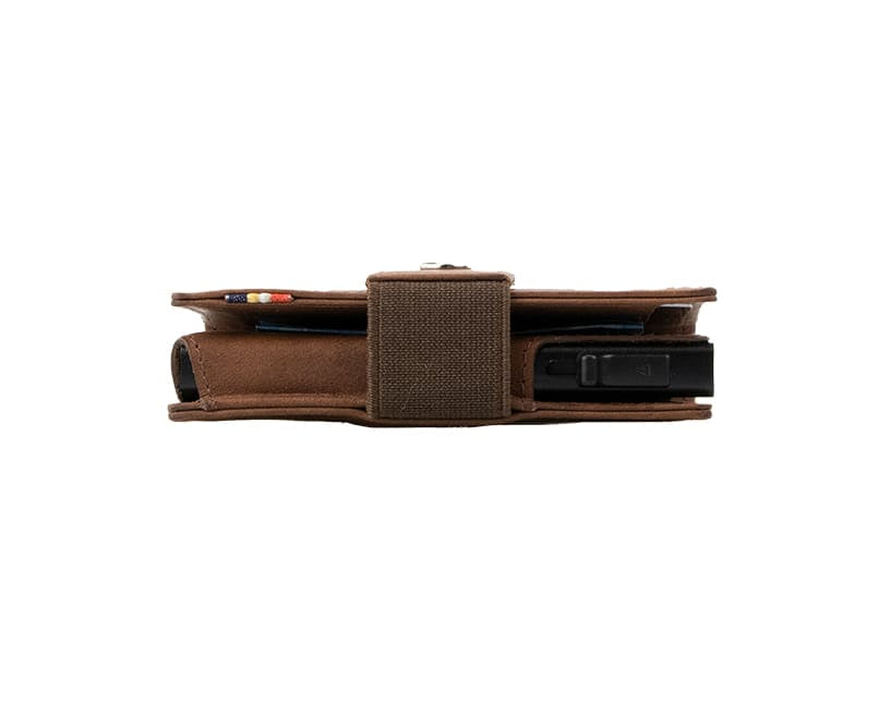 Side view of slim Garzini Metal Wallet in brushed brown leather