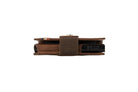 Side view of slim Garzini Metal Wallet in brushed brown leather