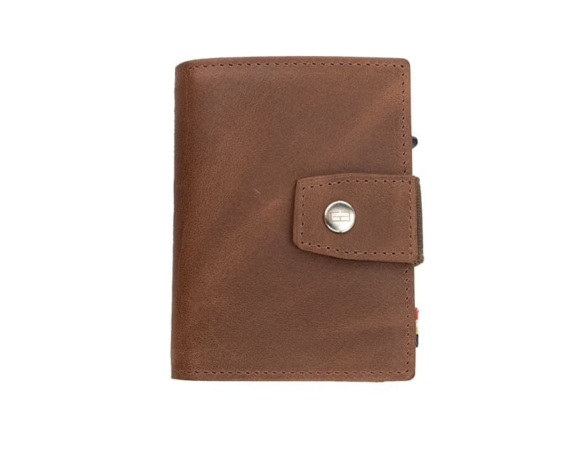 Closed Garzini Metal Wallet in brushed brown leather with push button, minimalist design