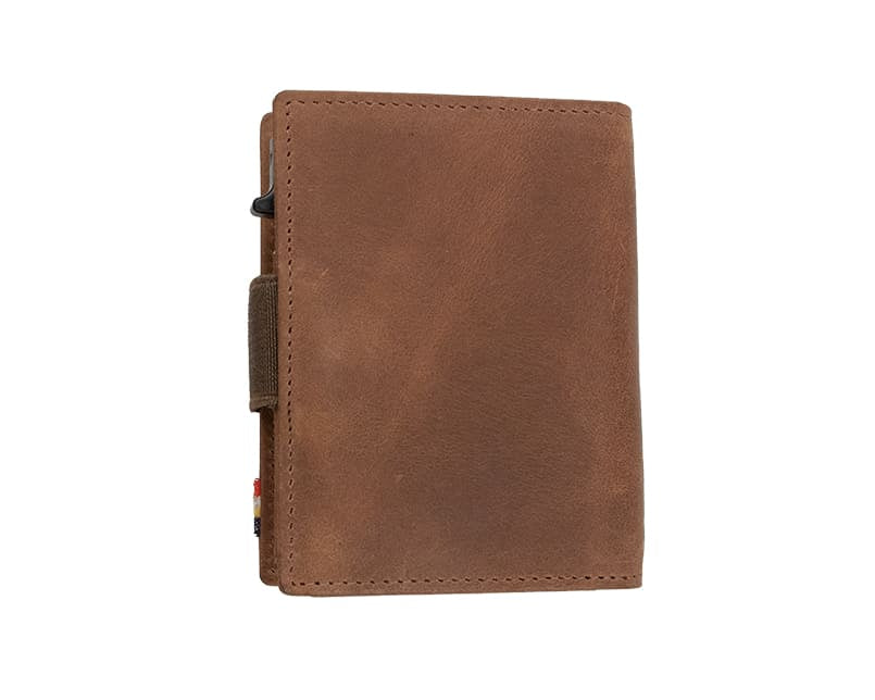 Back view of closed Garzini Metal Wallet in brushed brown leather, with push button