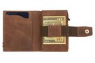 Open Garzini Metal Wallet in brushed brown leather, holding a stack of cash
