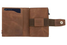 Open Garzini Metal Wallet in brushed brown leather, displaying card and cash slots