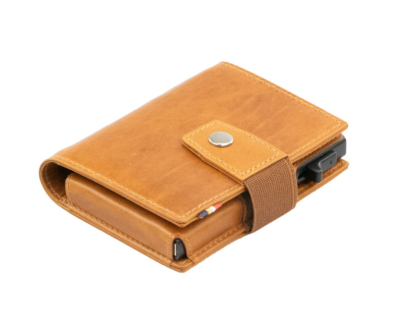 Garzini Metal Wallet in Brushed Cognac, displayed at an angle showing the front and side
