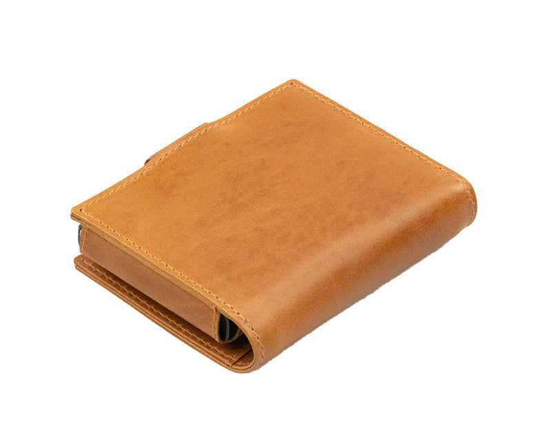 Garzini Metal Wallet in Brushed Cognac, showing the backside with detailed stitching.