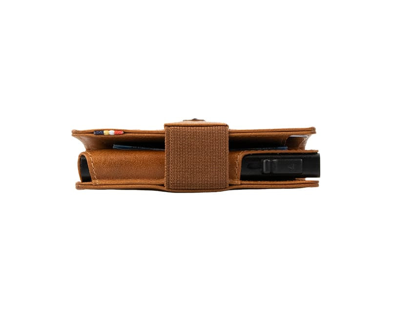 Side view of slim Garzini Metal Wallet in brushed cognac leather