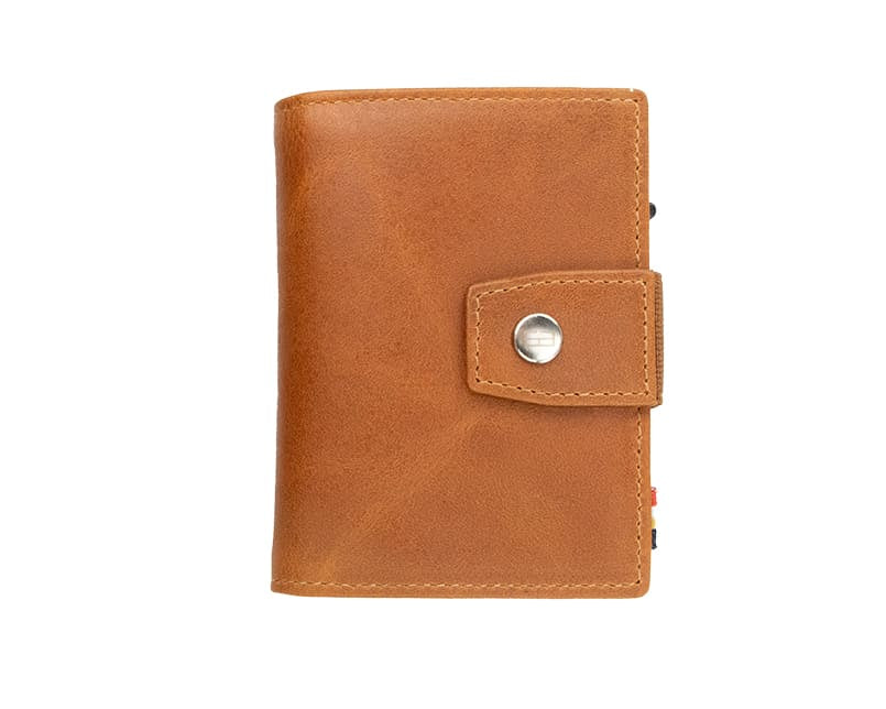 Closed Front Garzini Metal Wallet in brushed cognac leather with push button, minimalist design