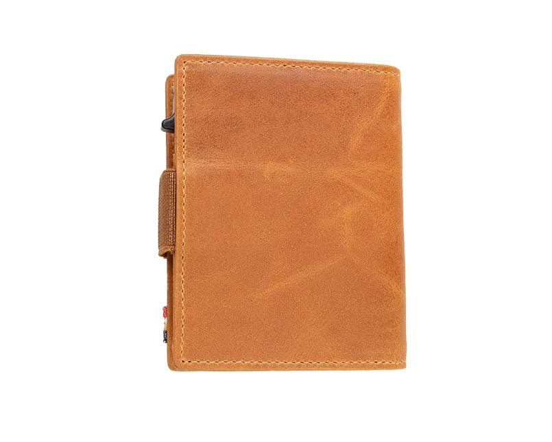 Back view of closed Garzini Metal Wallet in brushed cognac leather, with push button