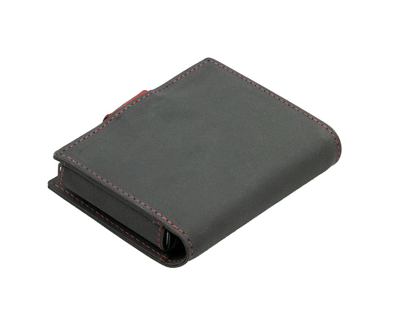 Garzini Metal Wallet in Carbon Red, showing the backside with detailed stitching.
