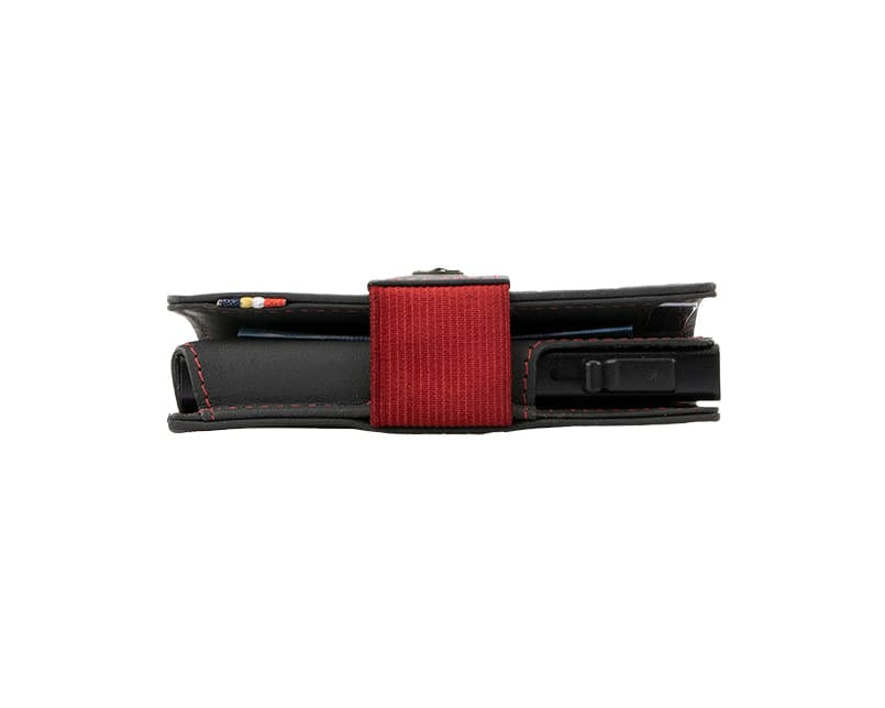 Side view of slim Garzini Metal Wallet in carbon red leather