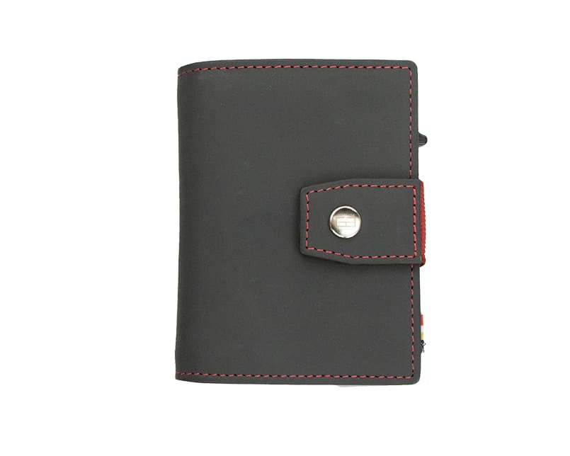 Closed Front Garzini Metal Wallet in carbon red leather with push button, minimalist design