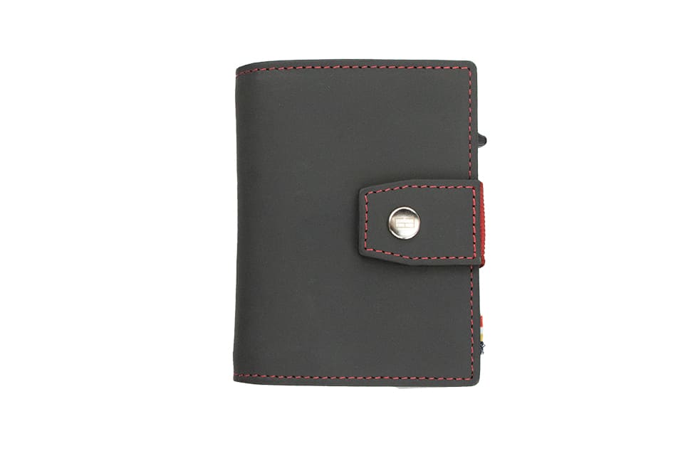 Closed Front Garzini Metal Wallet in carbon red leather with push button, minimalist design