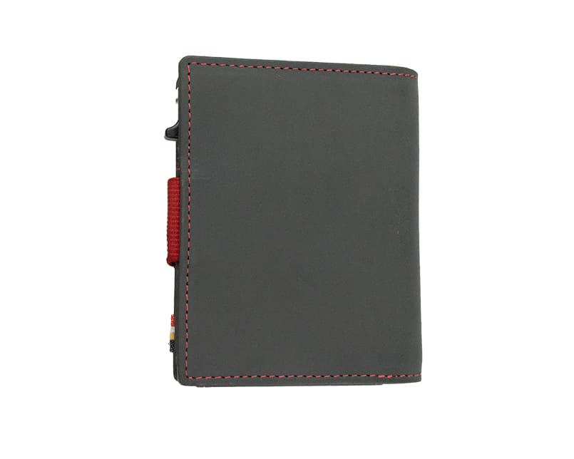 Back view of closed Garzini Metal Wallet in carbon red leather, with push button