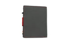 Back view of closed Garzini Metal Wallet in carbon red leather, with push button