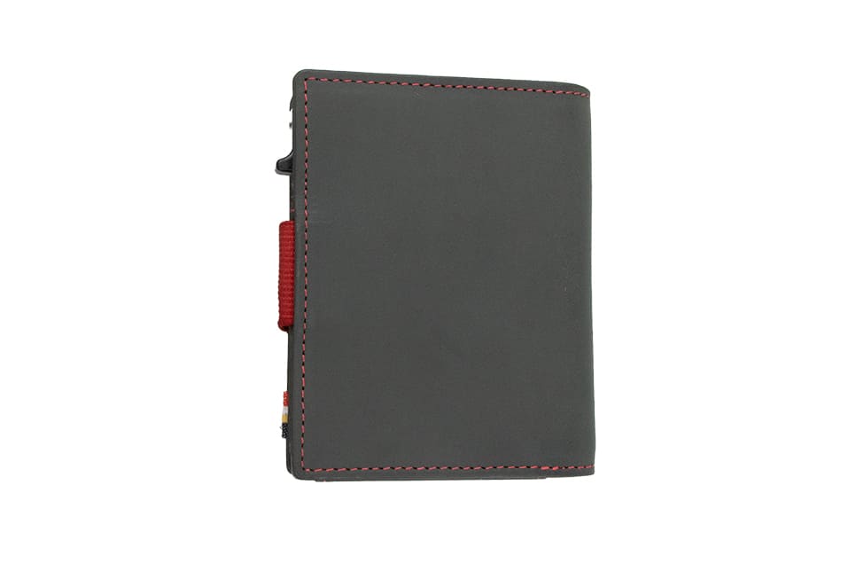 Back view of closed Garzini Metal Wallet in carbon red leather, with push button