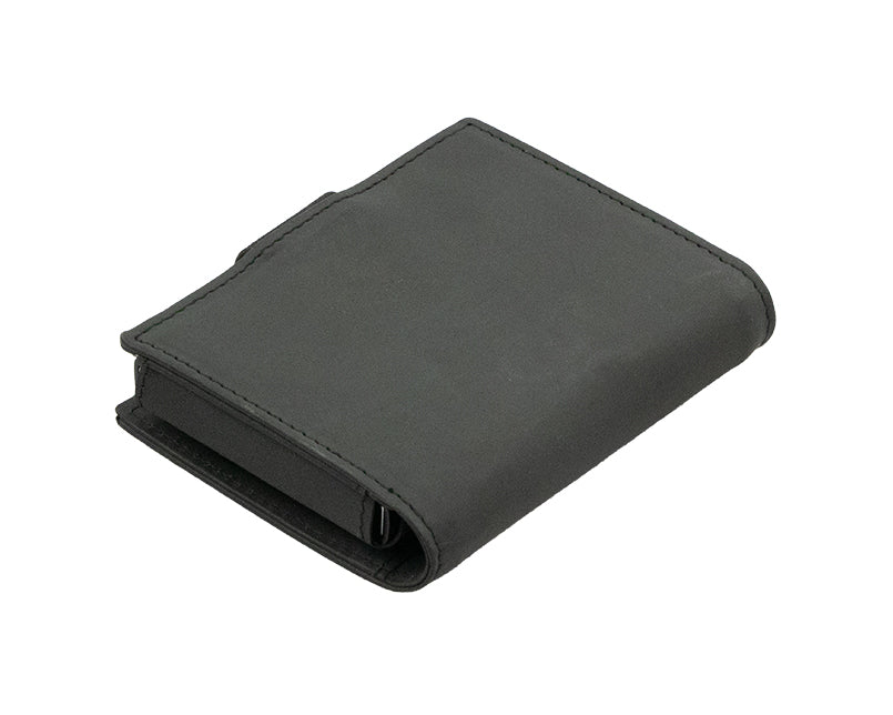 Garzini Metal Wallet in Carbon Black, showing the backside with detailed stitching.