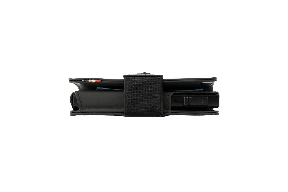 Side view of slim Garzini Metal Wallet in carbon black leather