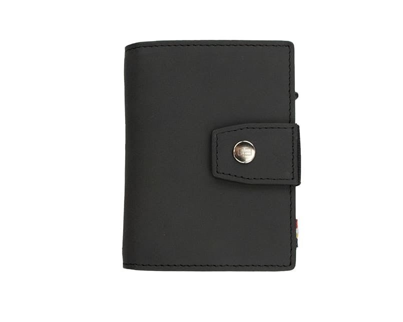 Closed Front Garzini Metal Wallet in carbon black leather with push button, minimalist design