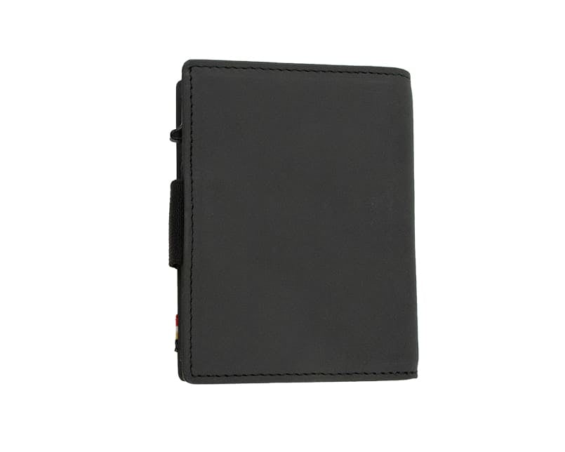 Back view of closed Garzini Metal Wallet in carbon black leather, with push button